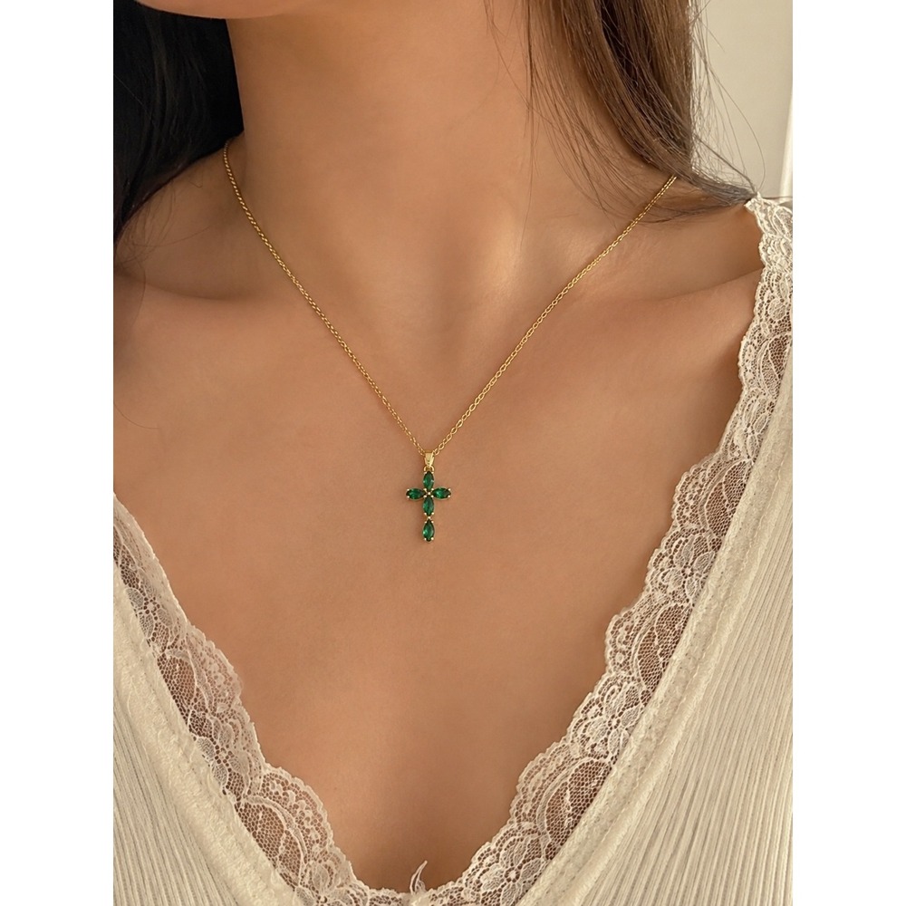 FISSEN‎ May Birthstone Cross Necklace Green Emerald Crystal Gold Tone NIB